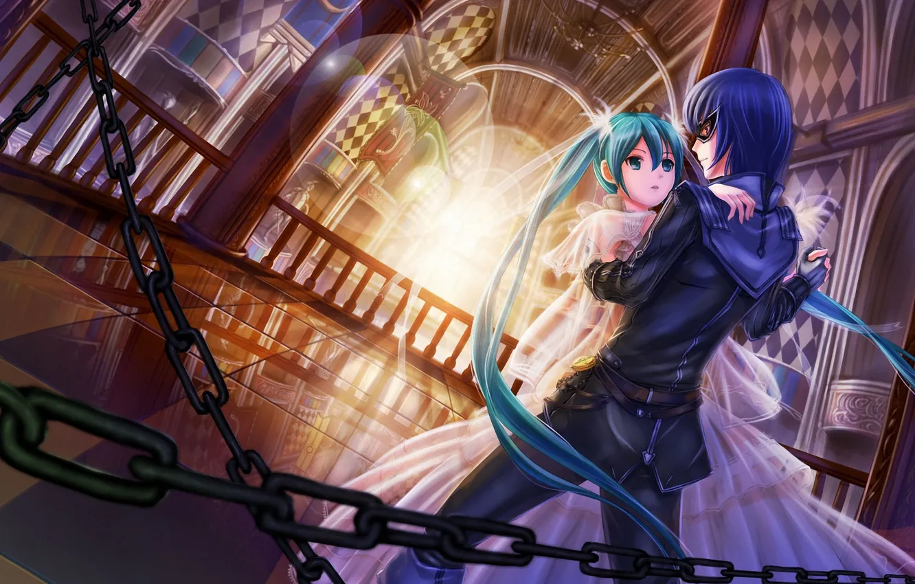 Photo wallpaper girl, mask, art, chain, guy, vocaloid, hatsune miku, Palace