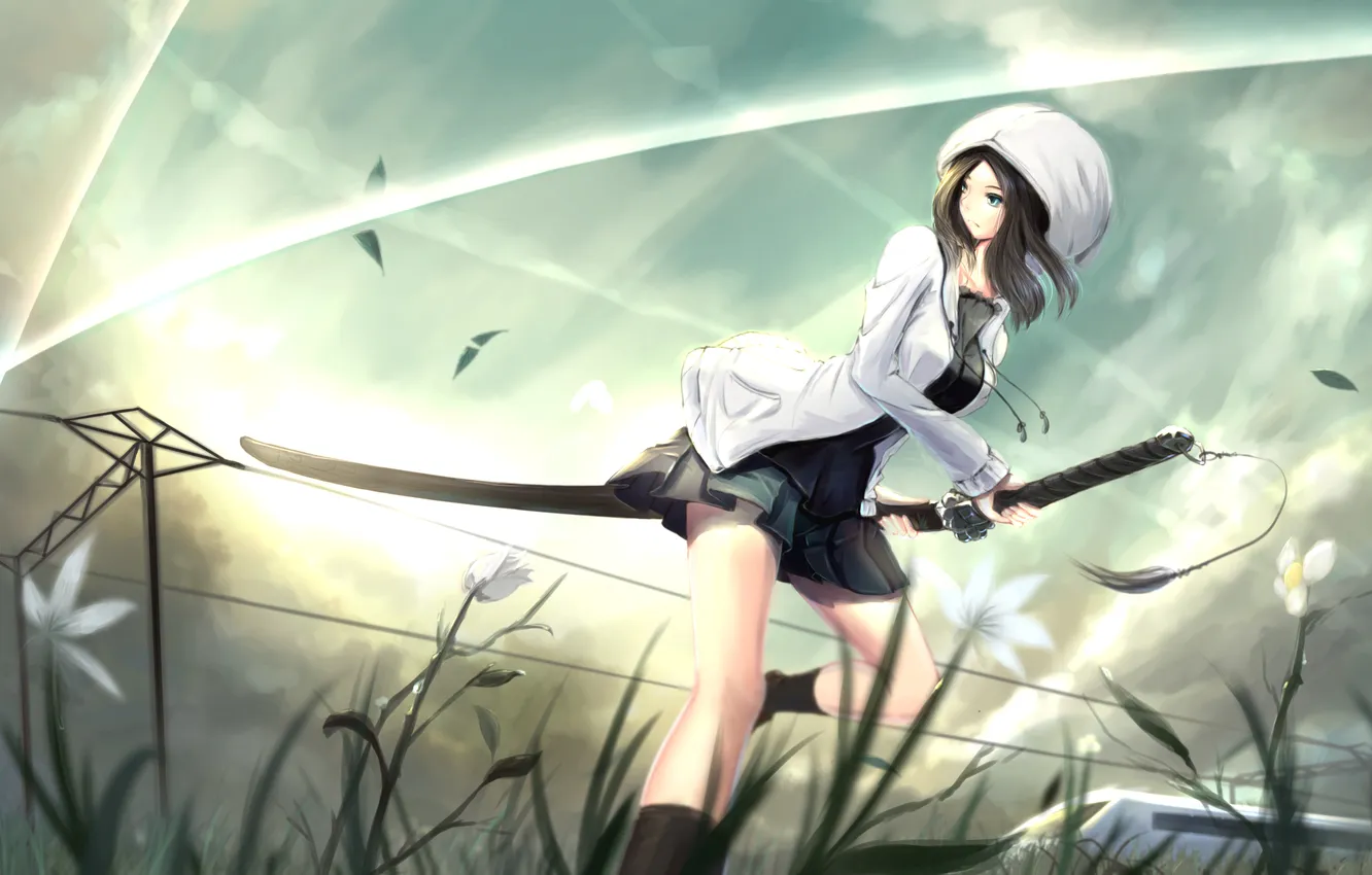 Photo wallpaper grass, girl, the sun, weapons, the wind, magic, gesture, art