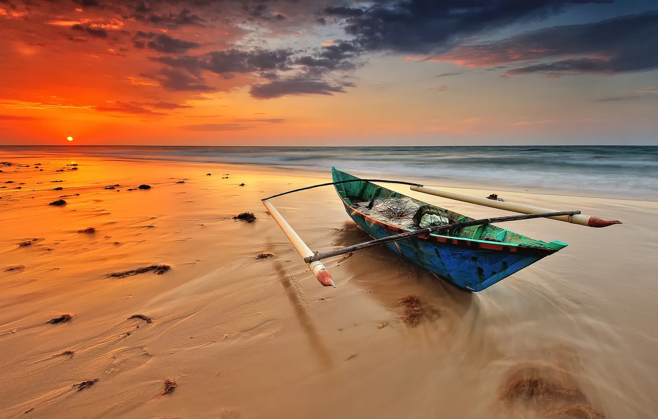 Photo wallpaper sea, wave, clouds, sunrise, horizon, Canoeing, orange sky, beach