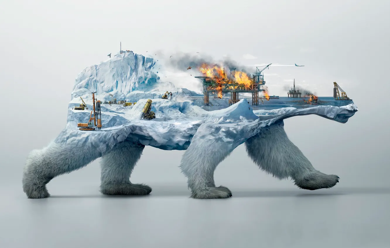 Photo wallpaper fire, collage, polar bear, Burov tower