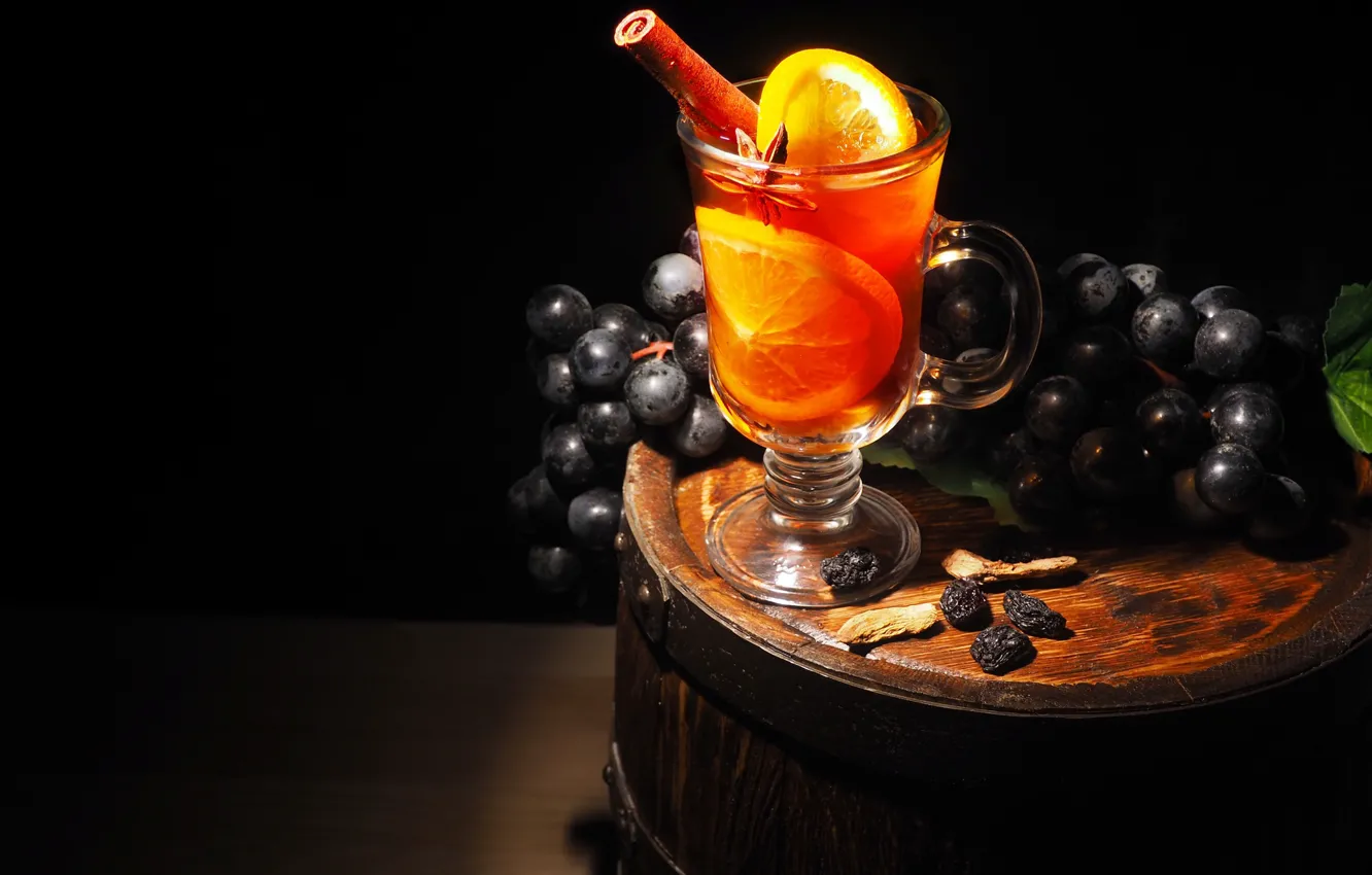 Photo wallpaper glass, orange, grapes, cocktail, cinnamon