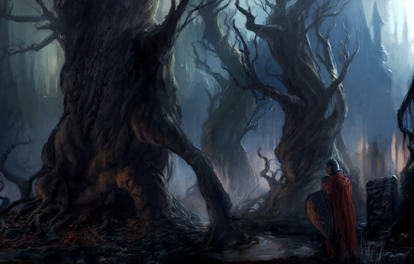 Photo wallpaper trees, shit, knight, cloak, art, Dark Souls