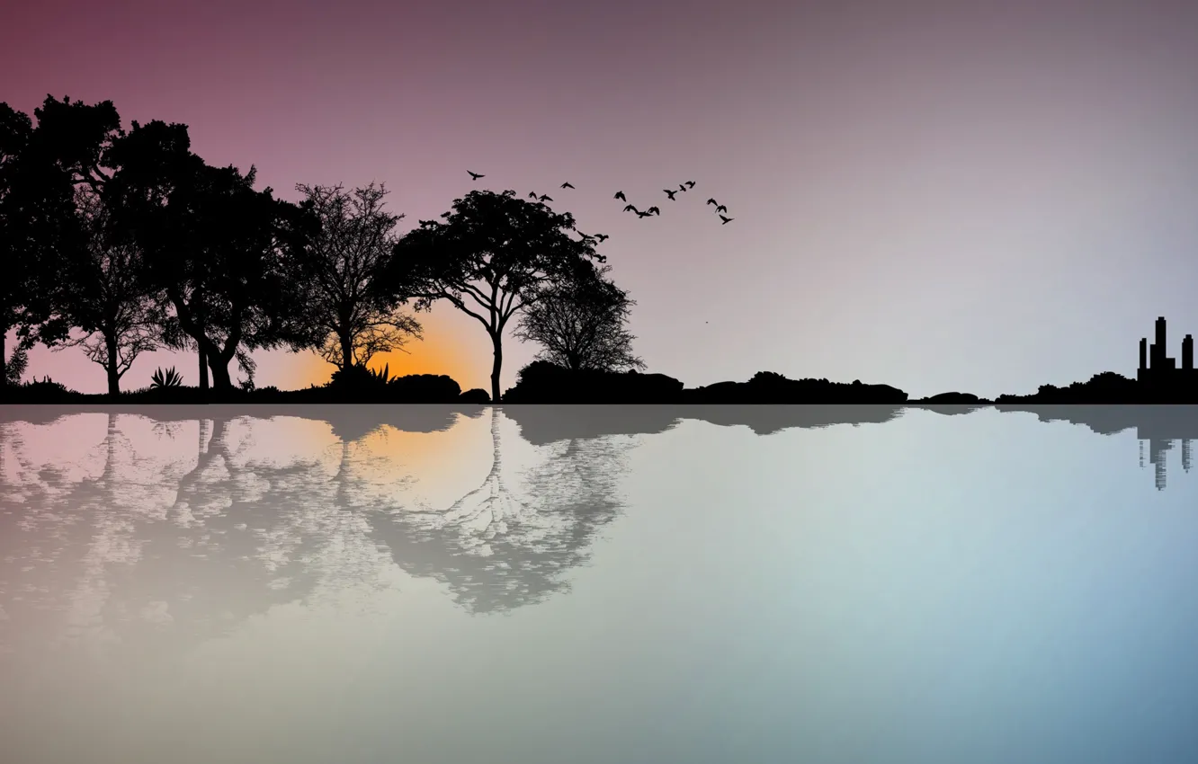 Photo wallpaper trees, landscape, sunset, bird, vector, silhouette