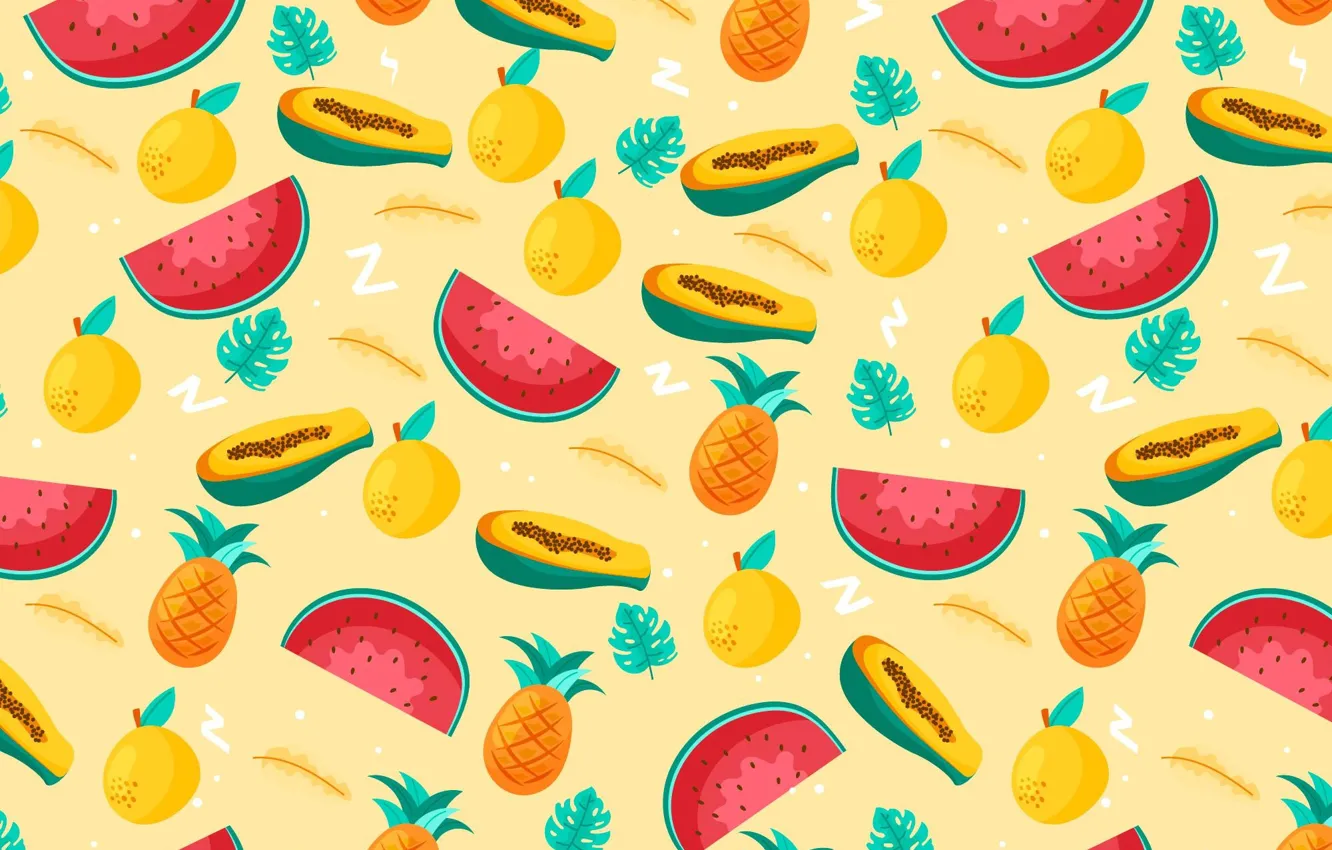 Photo wallpaper leaves, texture, watermelon, pattern, fruit, pineapple, peaches, different