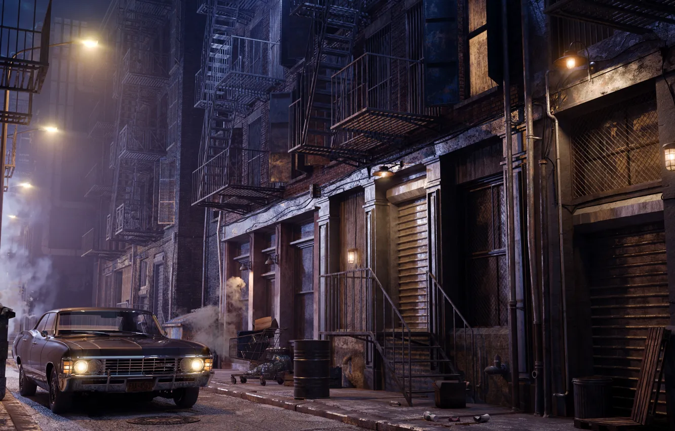 Photo wallpaper machine, night, the city, building, home, lights, lane, architecture