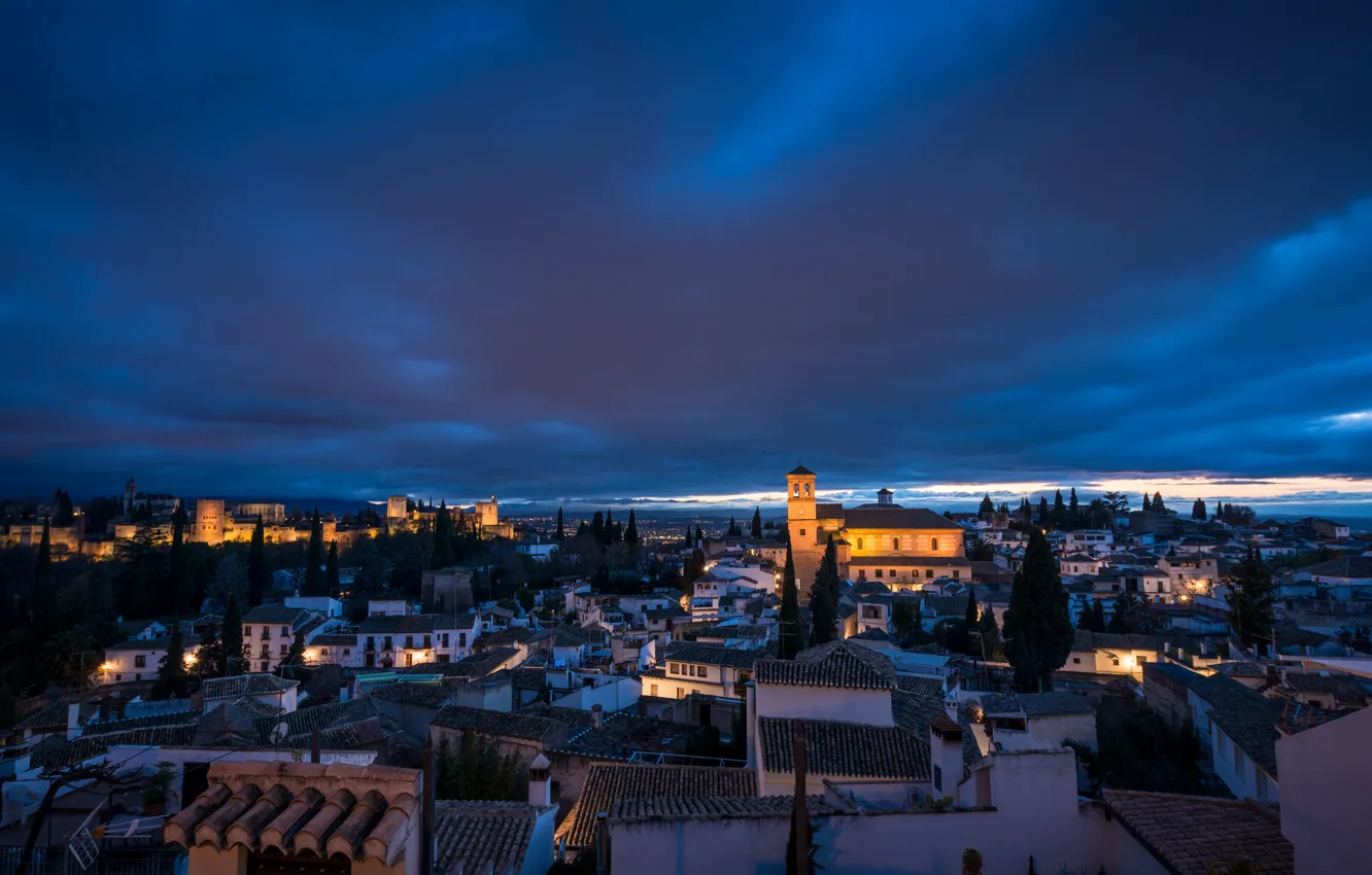 Photo wallpaper the sky, clouds, the evening, lighting, backlight, architecture, blue, Spain