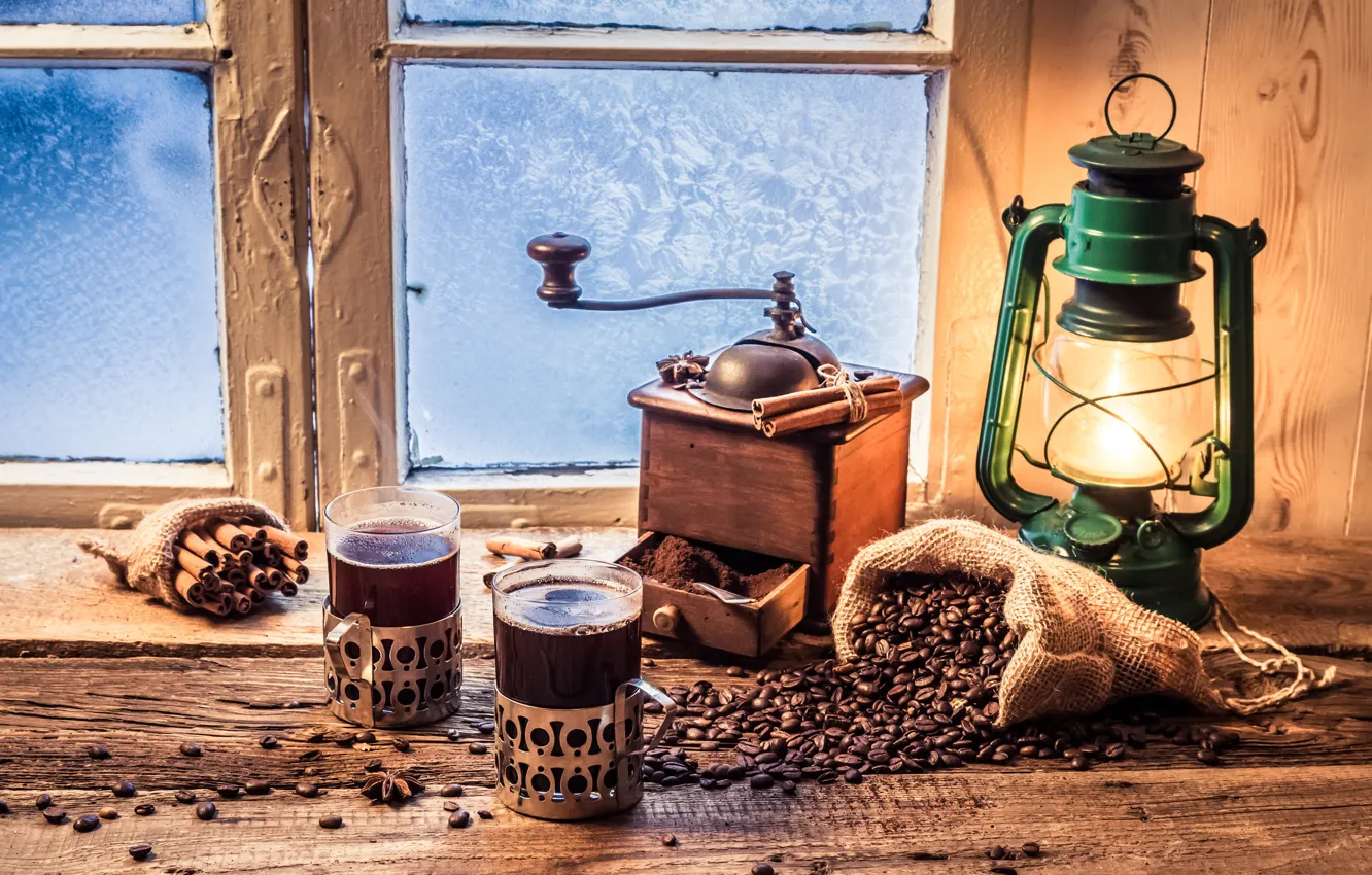 Photo wallpaper coffee, window, glasses, drink, cinnamon, frost, kerosene lamp