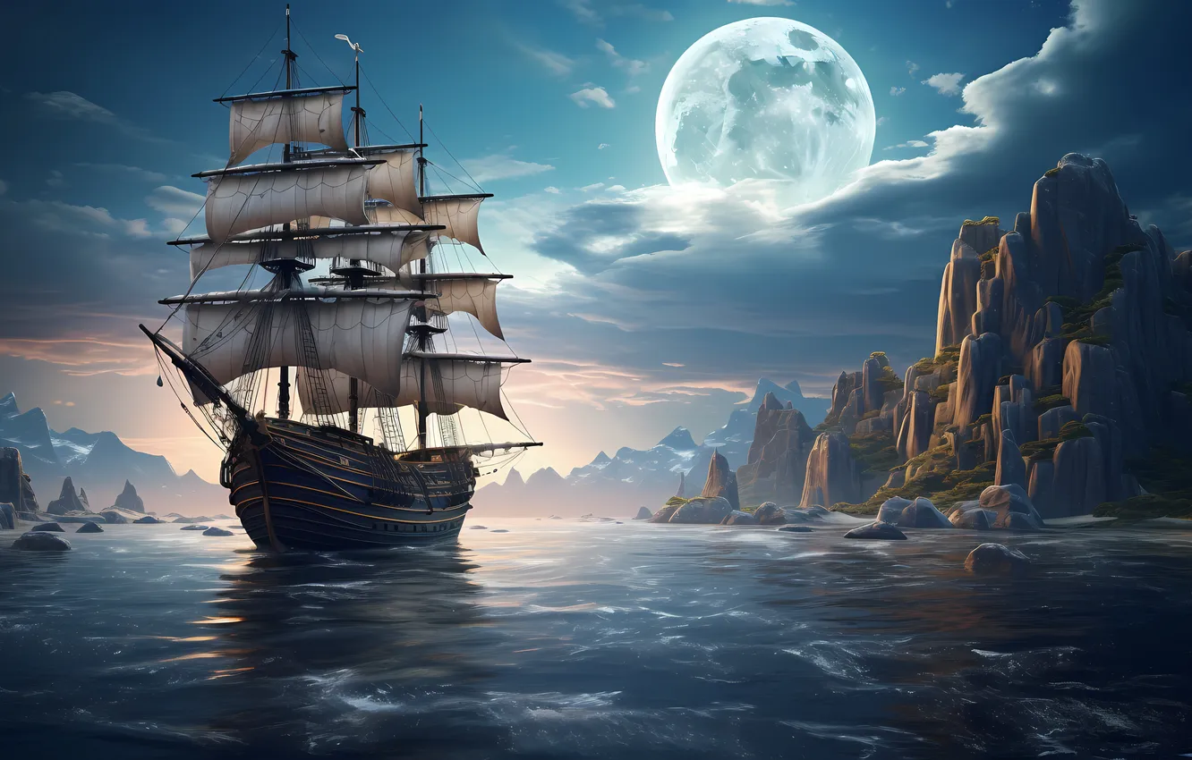 Photo wallpaper sea, night, rocks, the moon, ship, sailboat, digital art, AI art