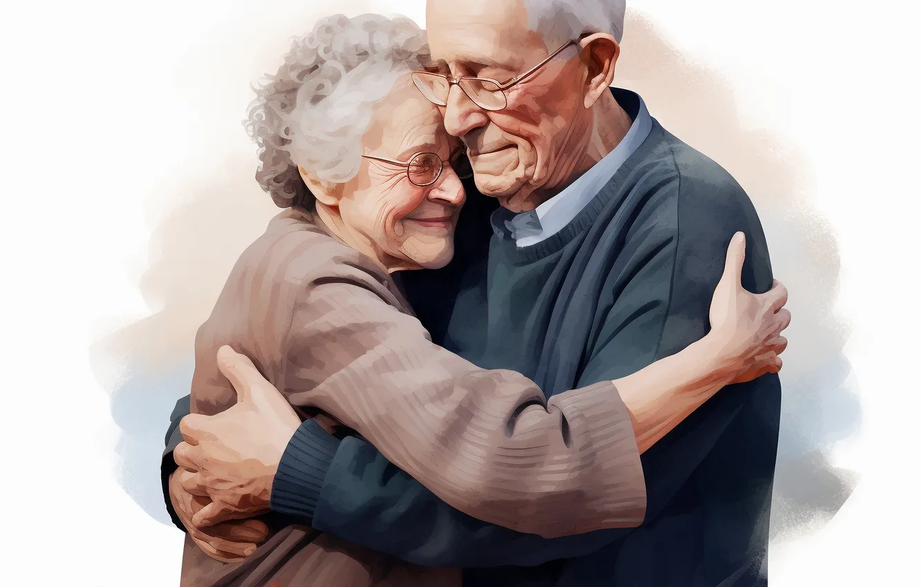 Photo wallpaper Love, Glasses, Smile, Grandma, Two, Digital art, Grandpa, Light background