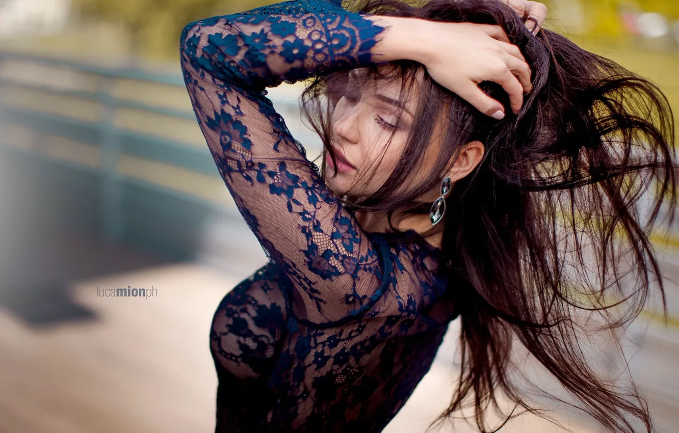 Photo wallpaper transparent, pose, hair, dress, brunette, beauty, bokeh, he closed his eyes