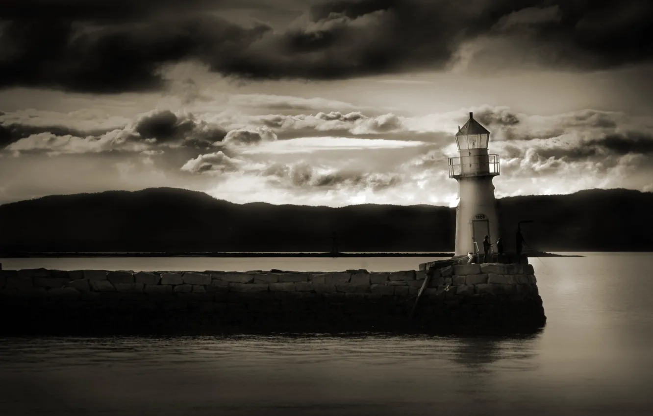 Photo wallpaper water, clouds, clouds, shore, lighthouse, black and white