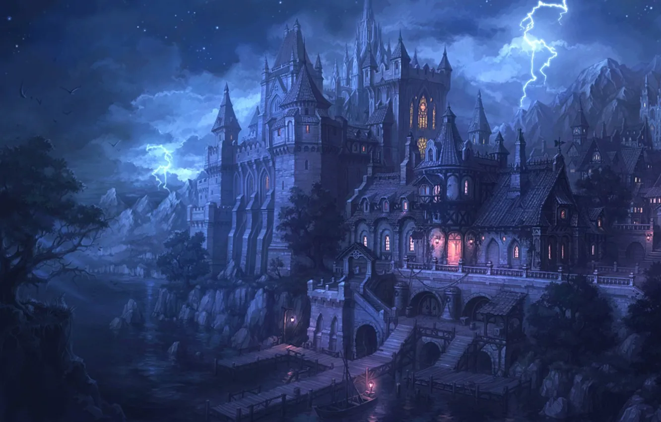 Photo wallpaper water, night, lights, castle, lightning, Marina, fortress