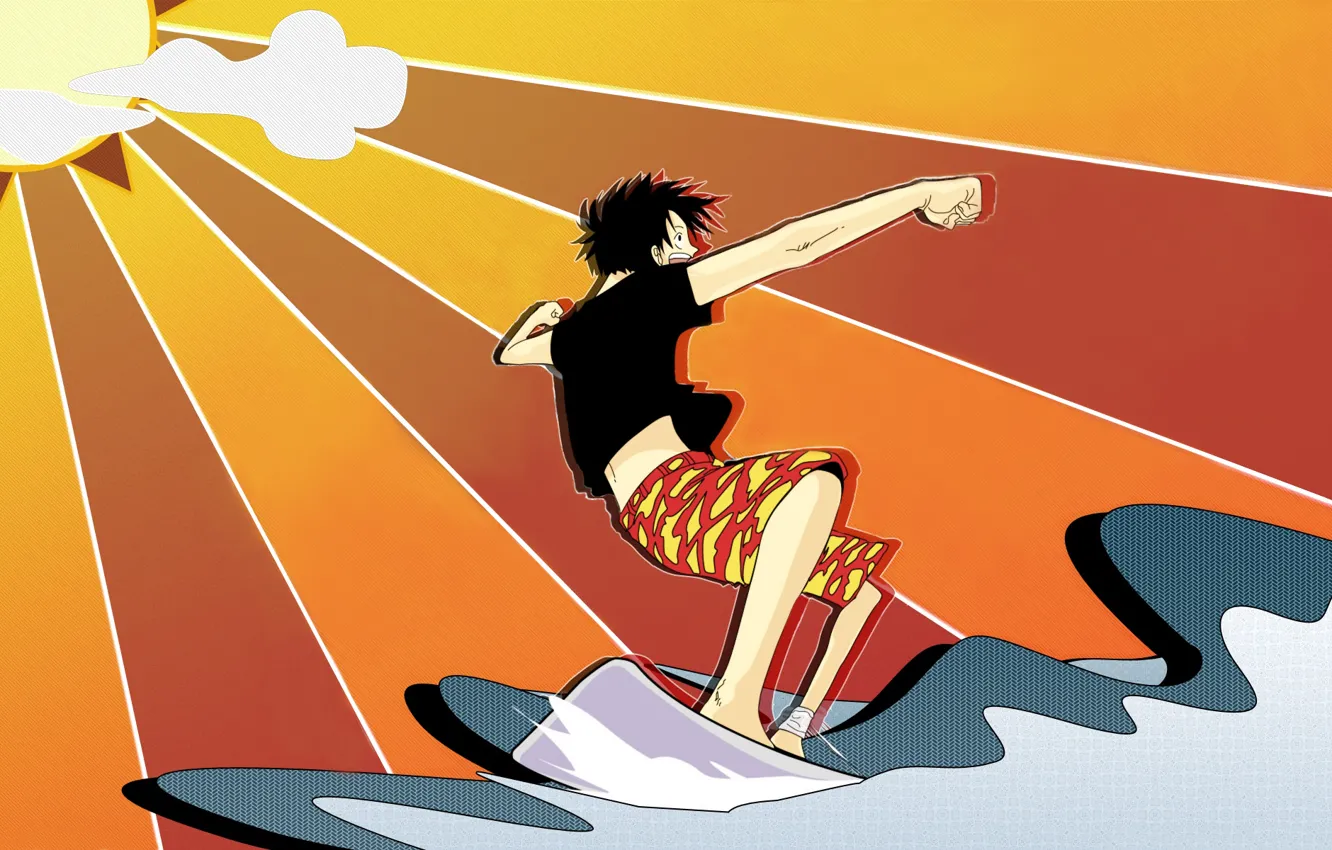 Photo wallpaper wave, the sun, surfing, one piece, straw hat, Luffy