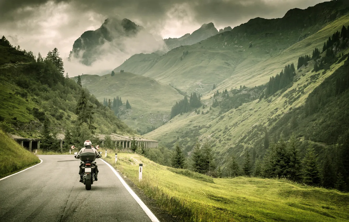 Photo wallpaper road, grass, landscape, mountains, nature, markup, blur, motorcycle
