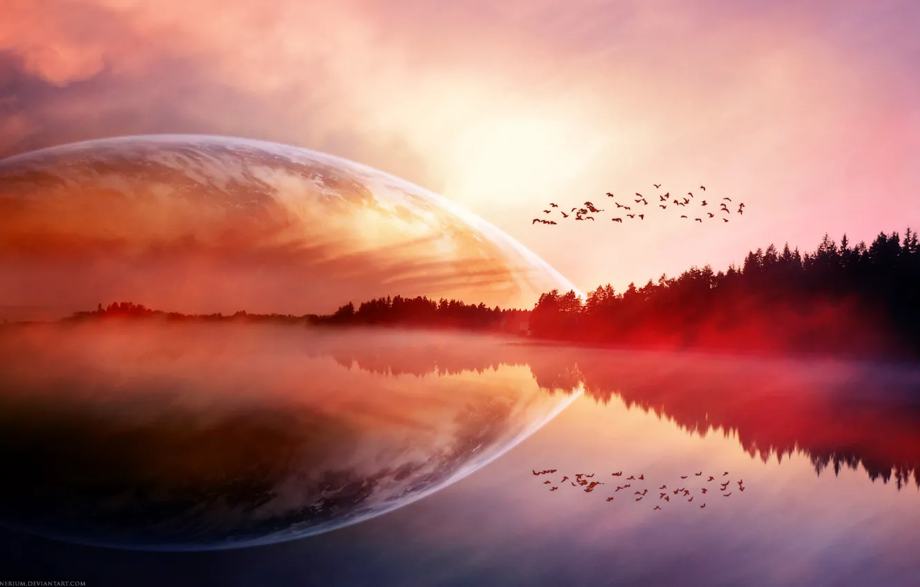 Photo wallpaper Lake, Planet, Birds, Red, Nature, Planets, Birds