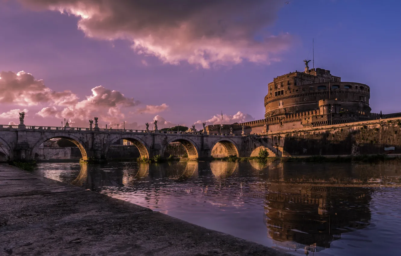 Photo wallpaper river, Rome, Italy, The Tiber, Ponte Sant'angelo, Castel Sant'angelo