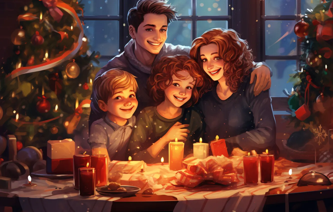 Photo wallpaper joy, happiness, night, children, smile, table, holiday, figure