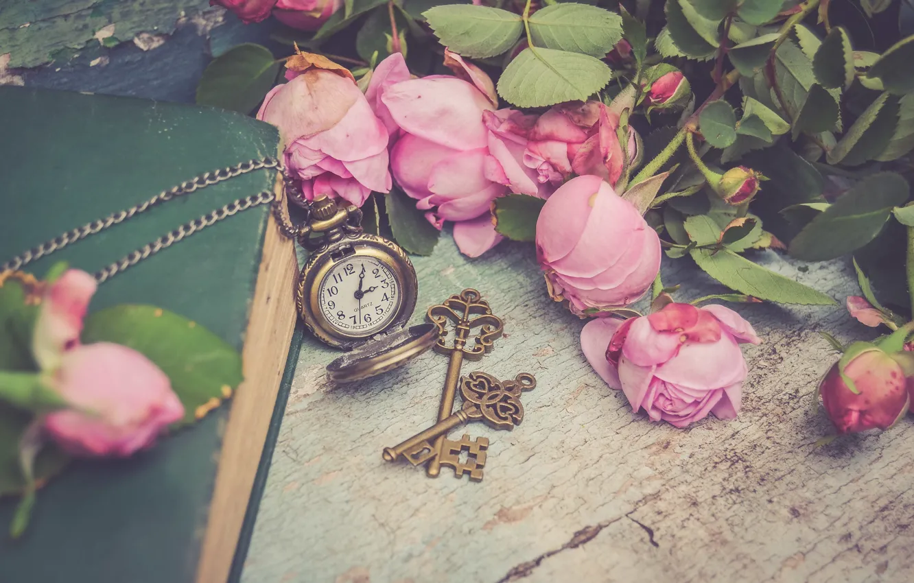 Photo wallpaper flowers, style, watch, roses, book, pink, keys, buds