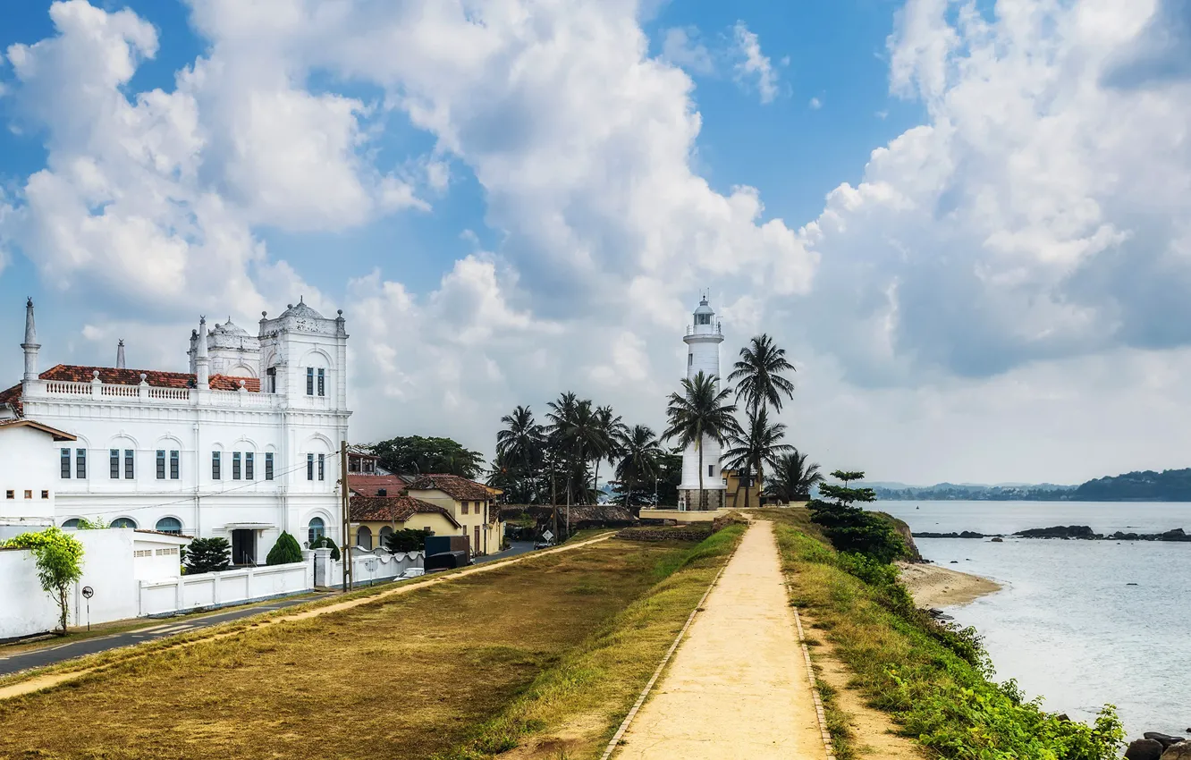 Photo wallpaper sea, clouds, palm trees, coast, lighthouse, Sri Lanka, Galle Fort