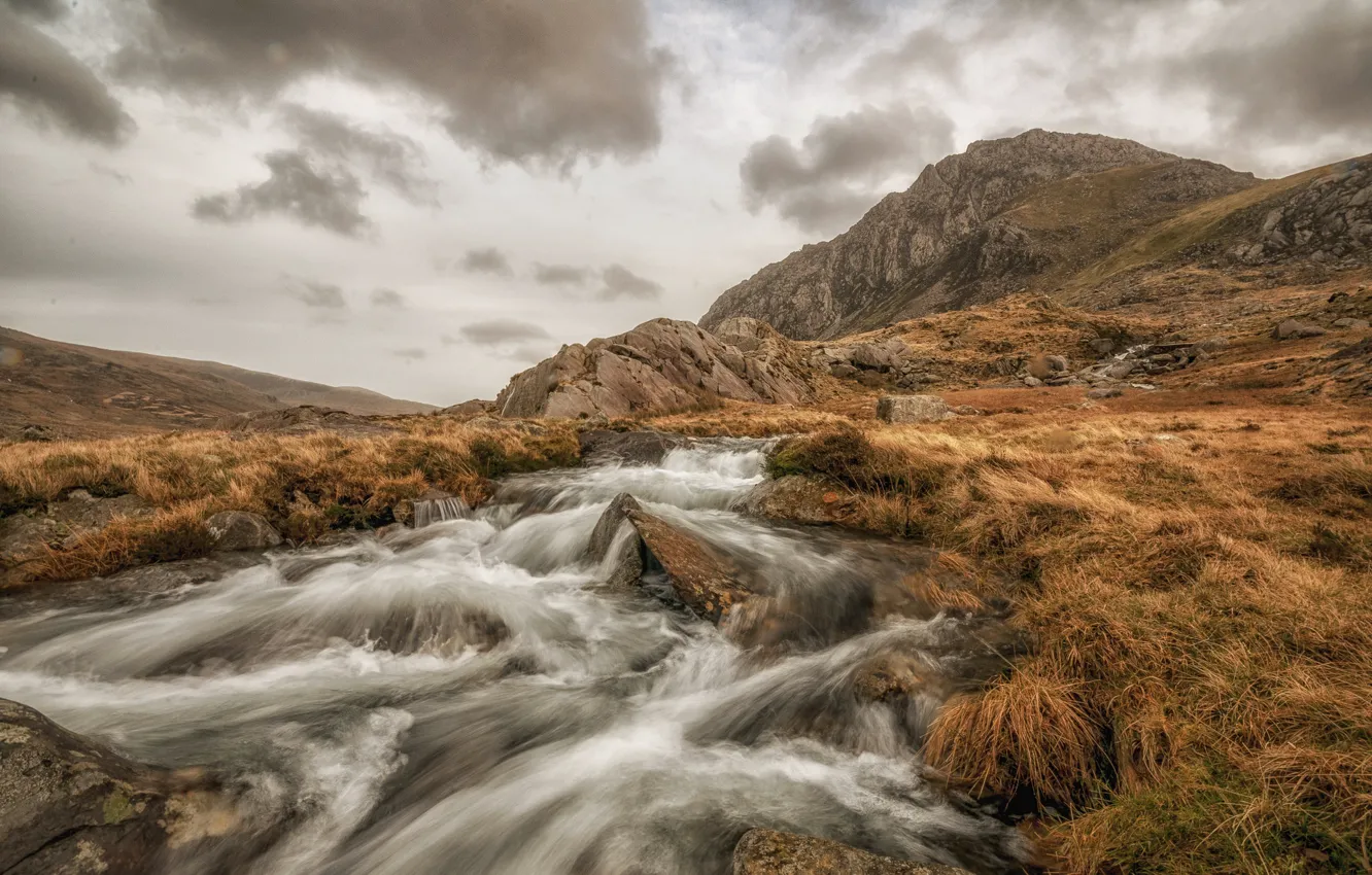 Photo wallpaper mountains, river, stones, stream, Wales, Trifan