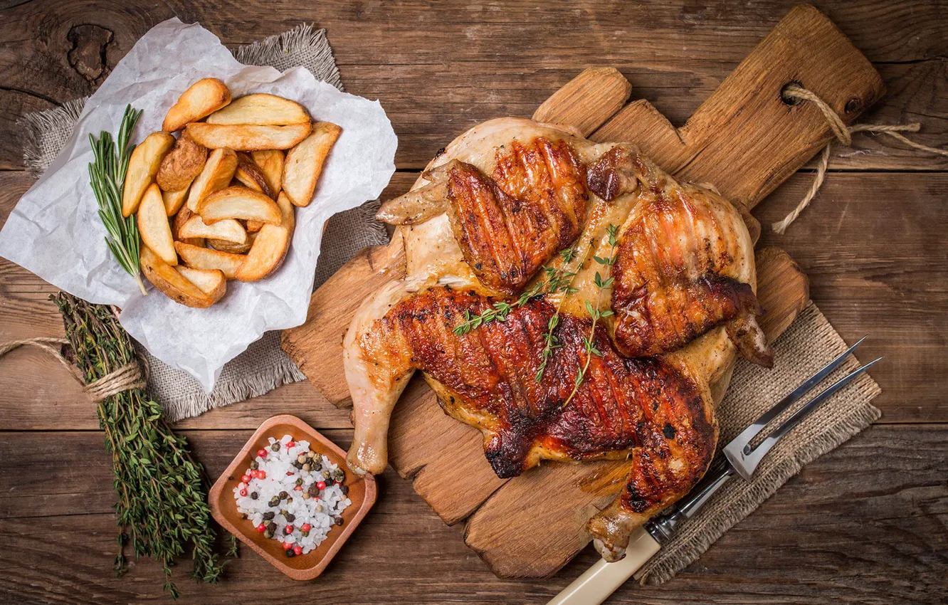Photo wallpaper spices, salt, rosemary, potatoes, chicken Tabaka, oregano