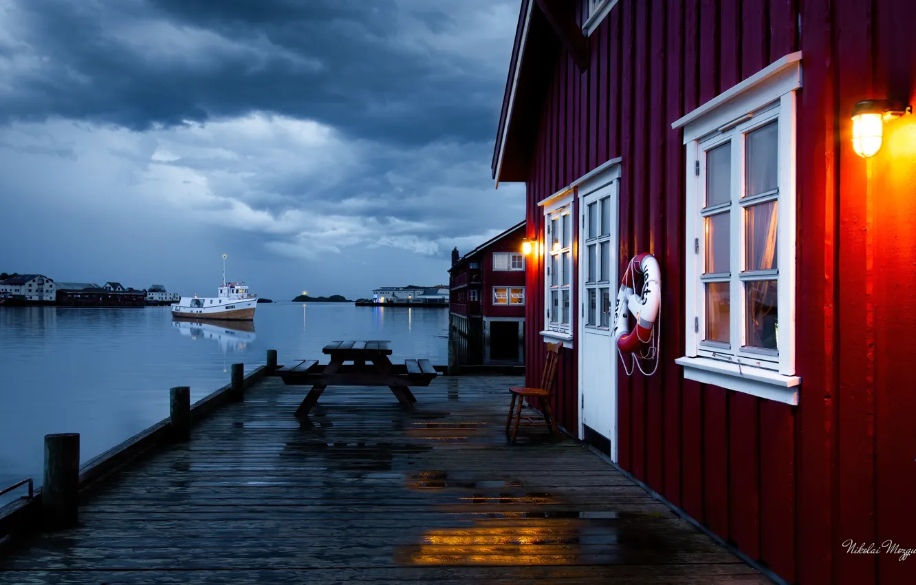 Photo wallpaper sea, clouds, rain, ships, pier, Russia