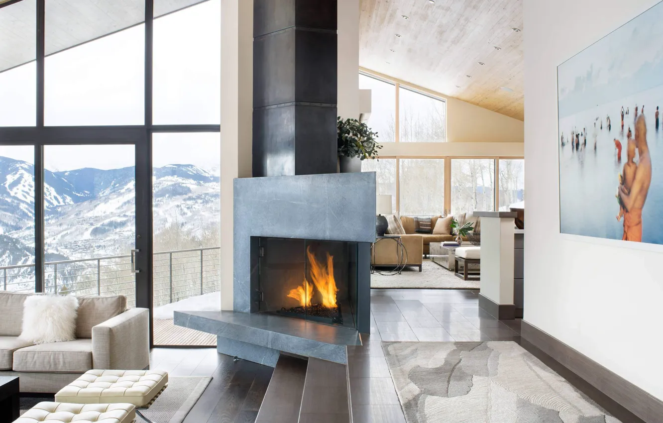 Photo wallpaper Villa, fireplace, living room, Mountain Star