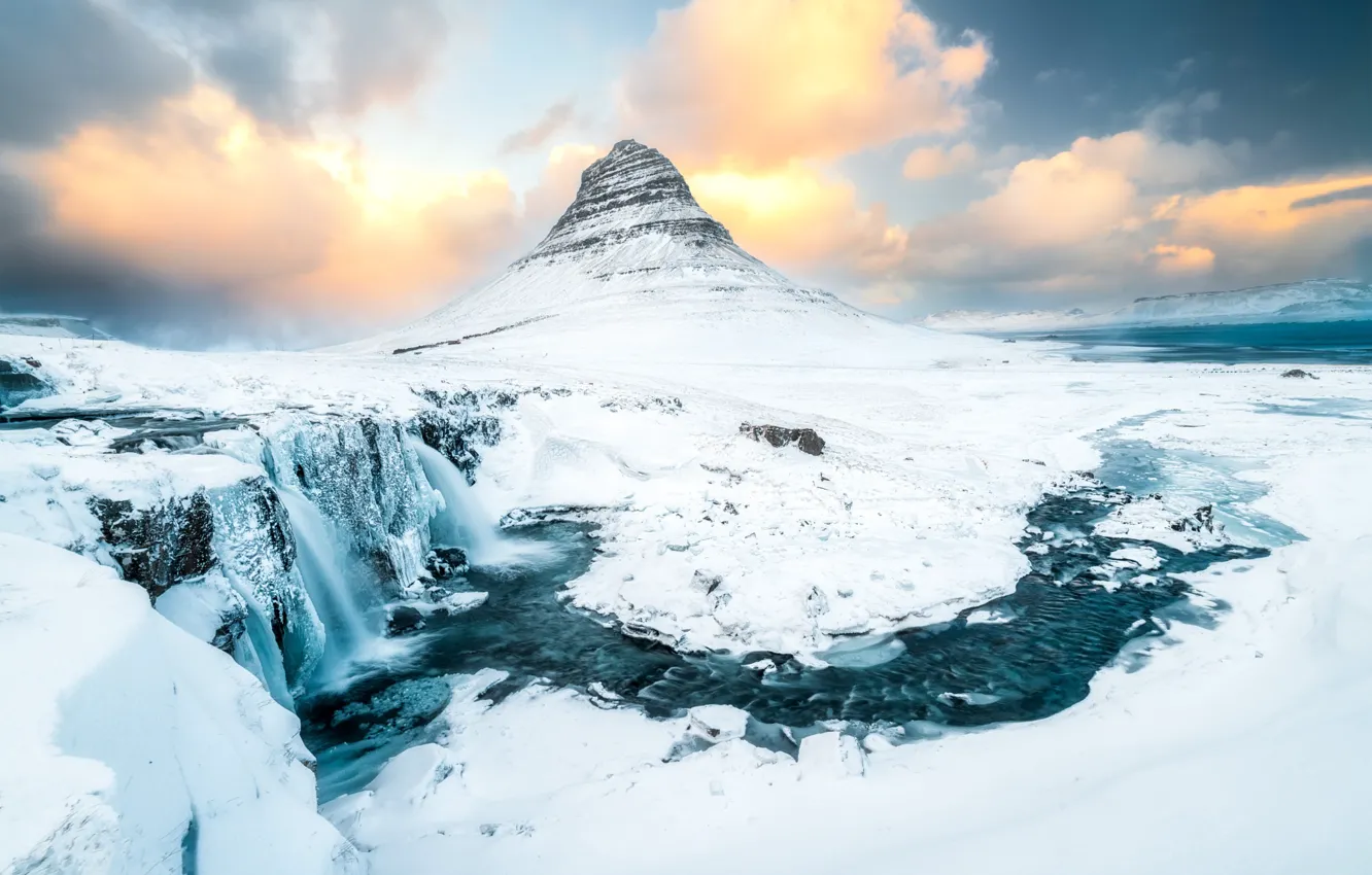 Photo wallpaper the volcano, the snow, snow, mountains, winter, waterfall, shore, pond