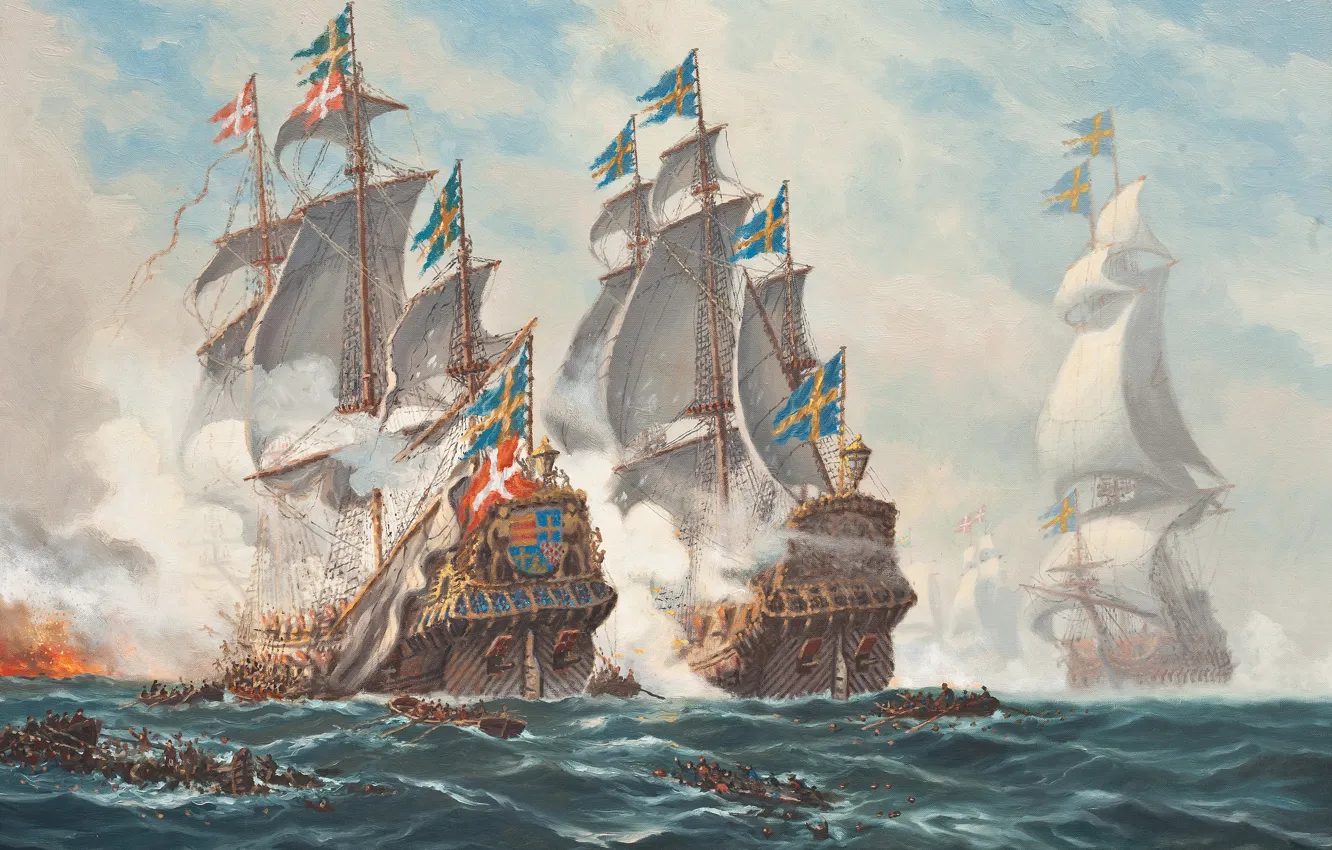 Photo wallpaper sea, wave, fire, boat, ship, battle, sail, the battle