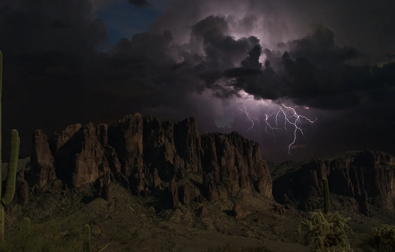 Photo wallpaper the storm, the sky, clouds, mountains, clouds, rocks, lightning, silhouettes