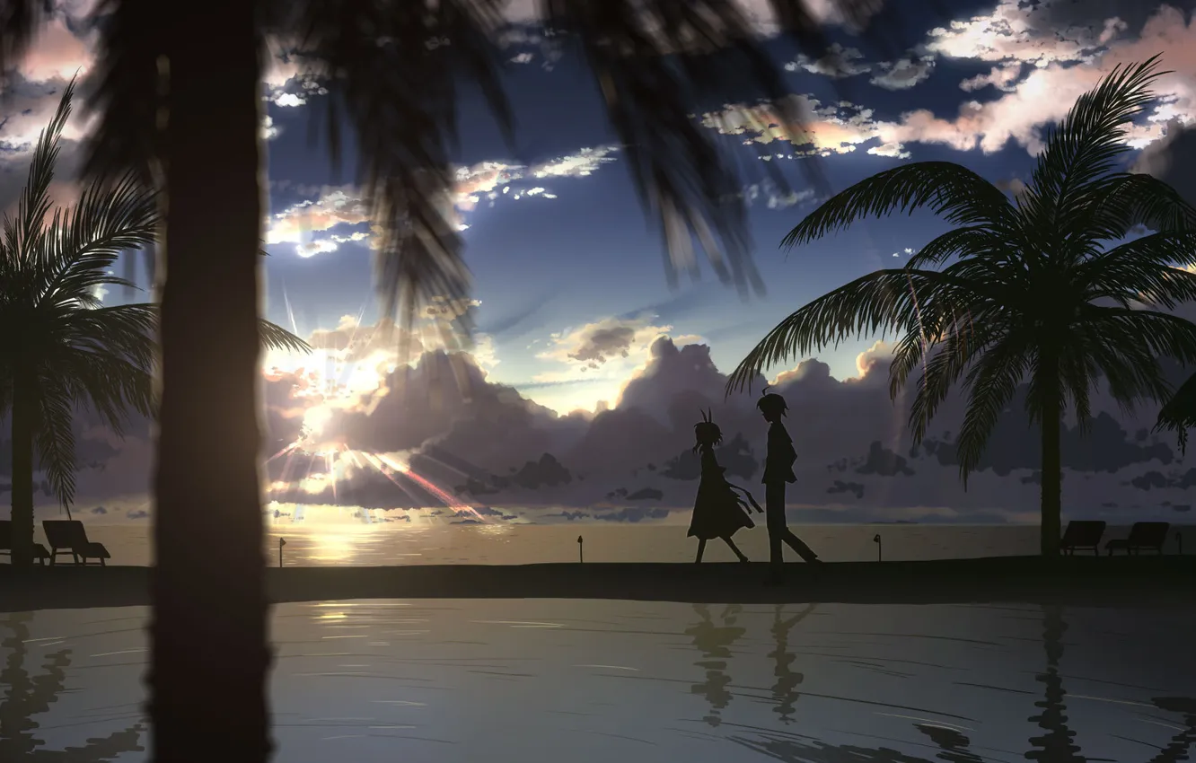 Photo wallpaper beach, girl, clouds, landscape, sunset, palm trees, Anime, guy