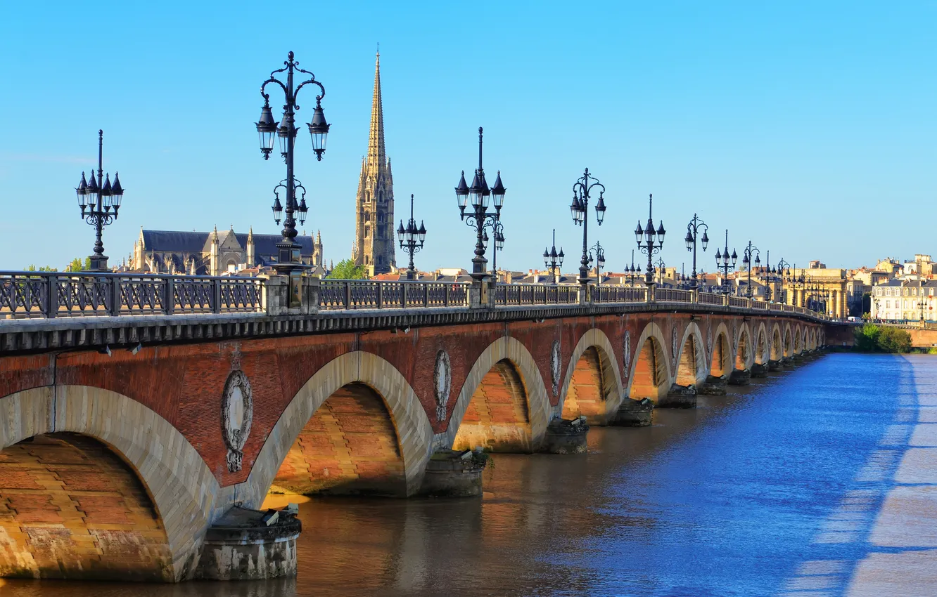 Photo wallpaper bridge, river, France, tower, lights, Sunny, Bordeaux