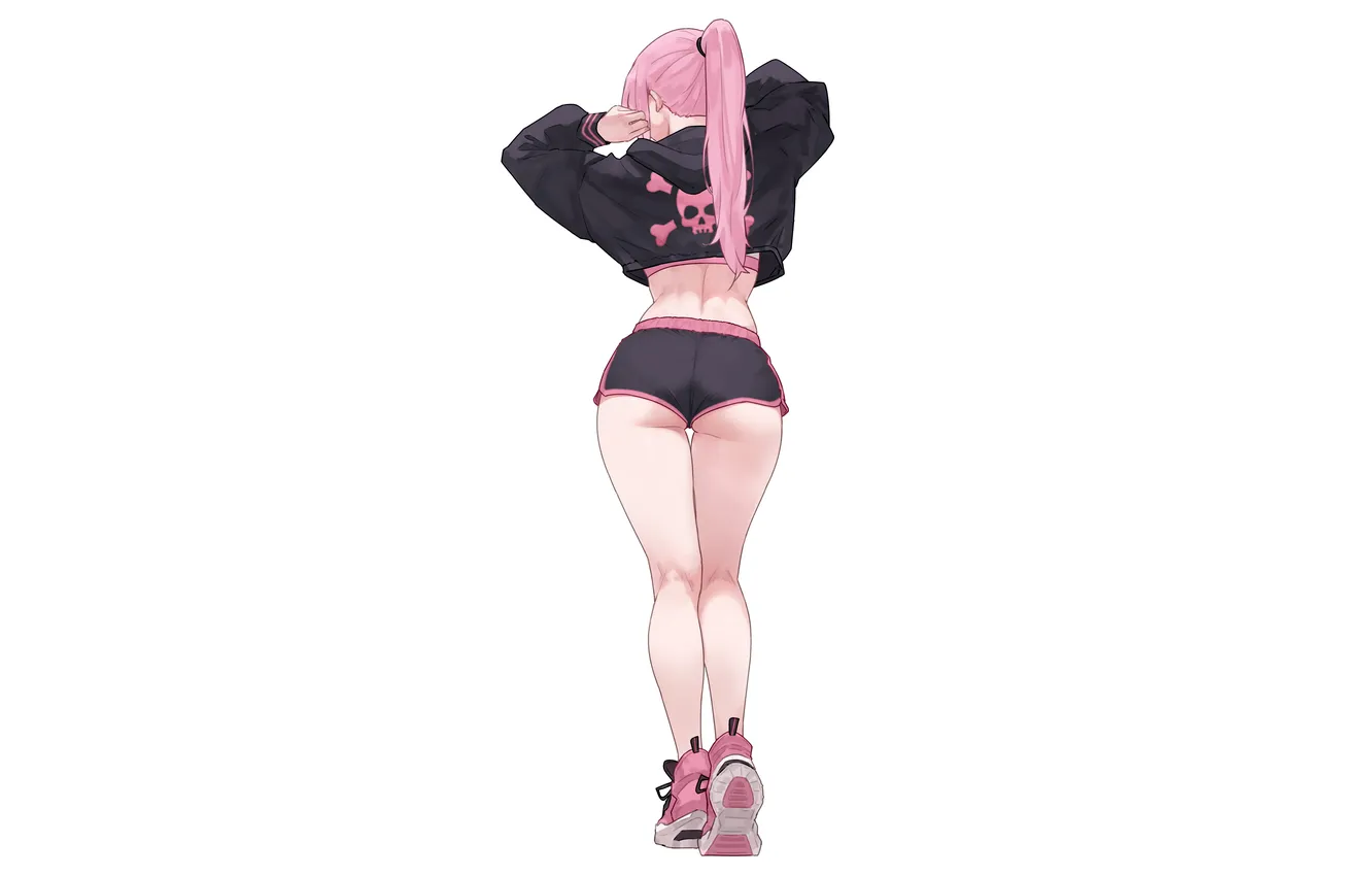 Photo wallpaper ass, pink hair, ponytail, standing, thighs, arms up, bare midriff, bluefield