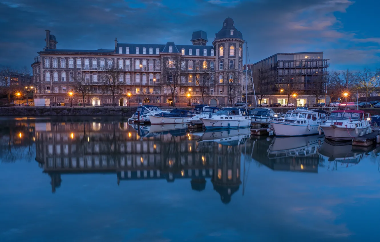 Photo wallpaper reflection, river, England, building, home, the evening, yacht, port
