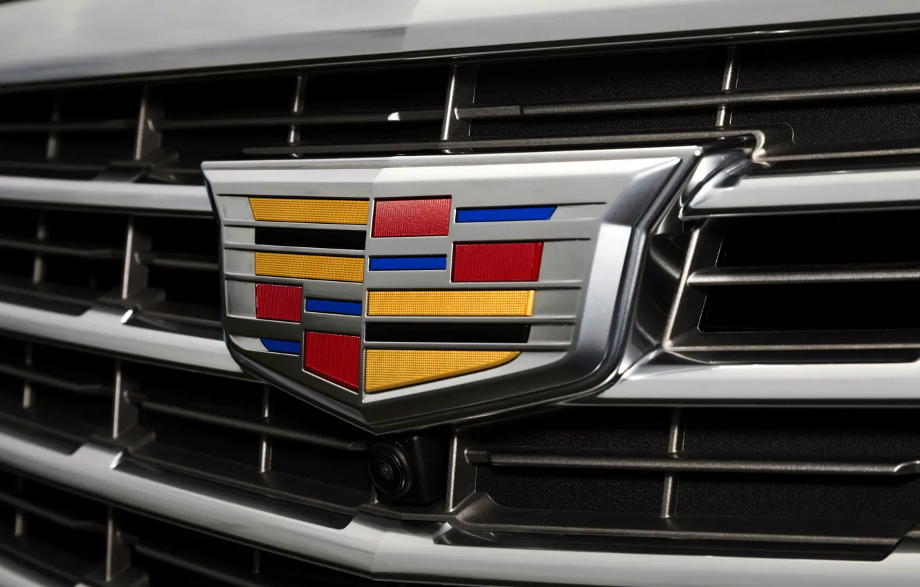 Photo wallpaper Cadillac, logo, camera, grille, before, emblem, Cadillac