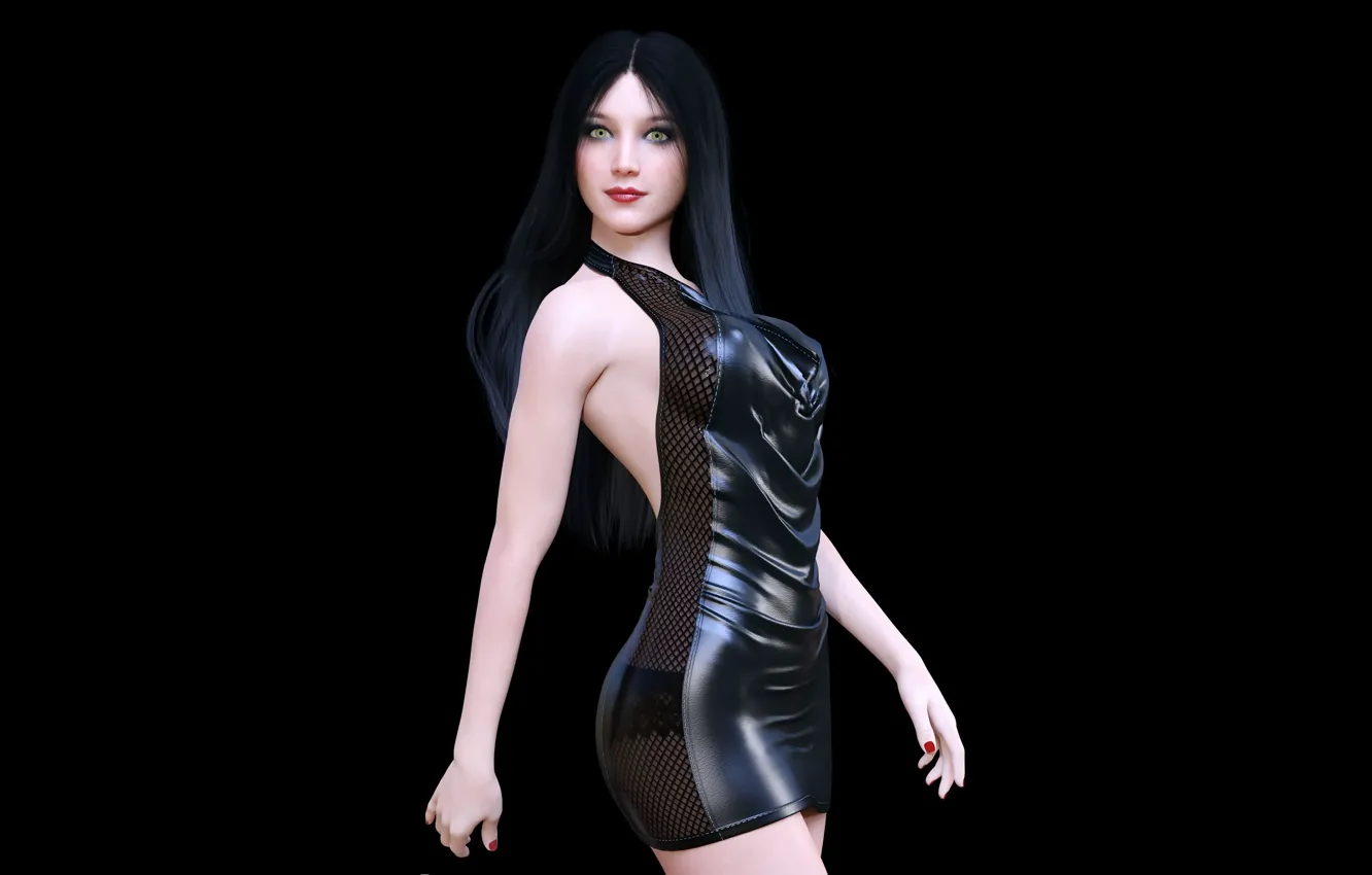 Photo wallpaper girl, black background, leather dress