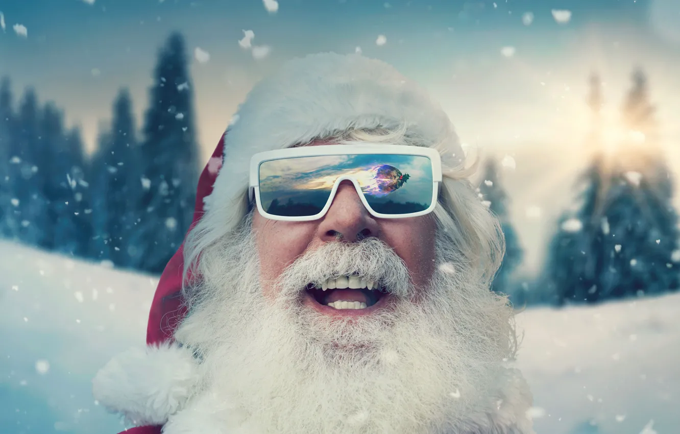 Photo wallpaper snow, smile, new year, glasses, Christmas, beard, Santa Claus, Santa Claus