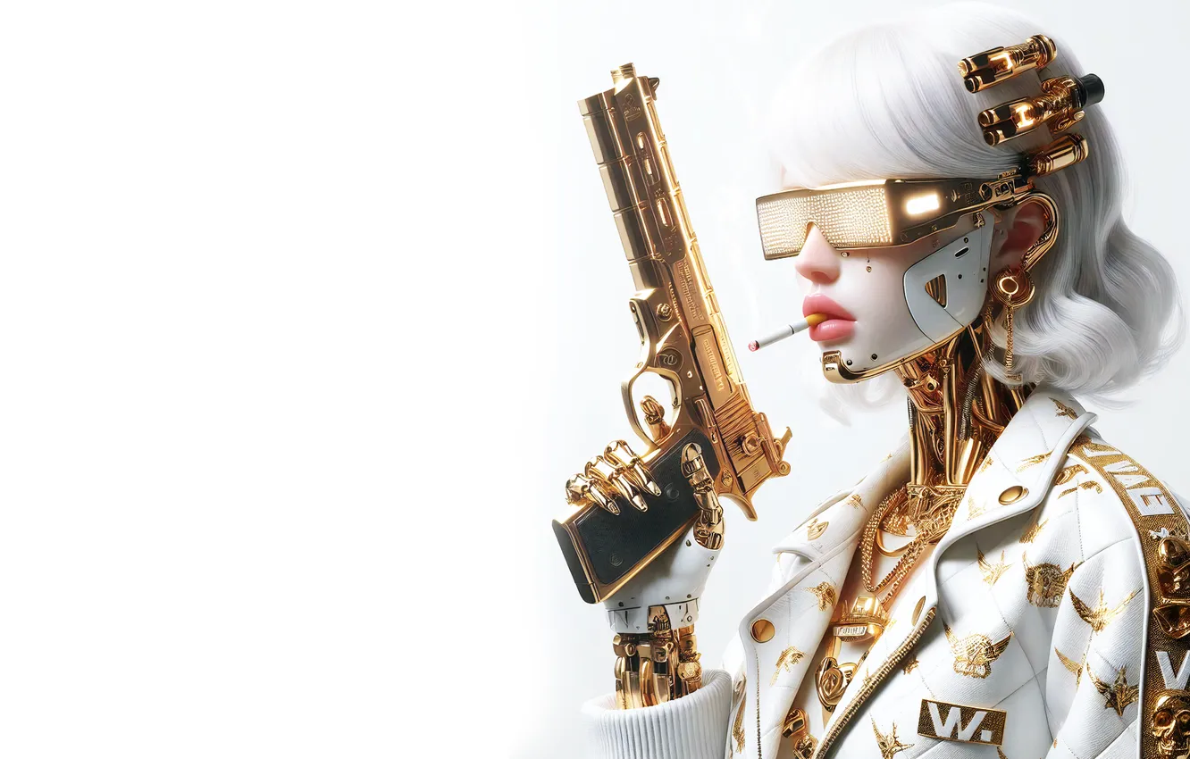 Photo wallpaper Louis Vuitton, futuristic, Gucci, Cyberpunk, Golden dress, AI Art