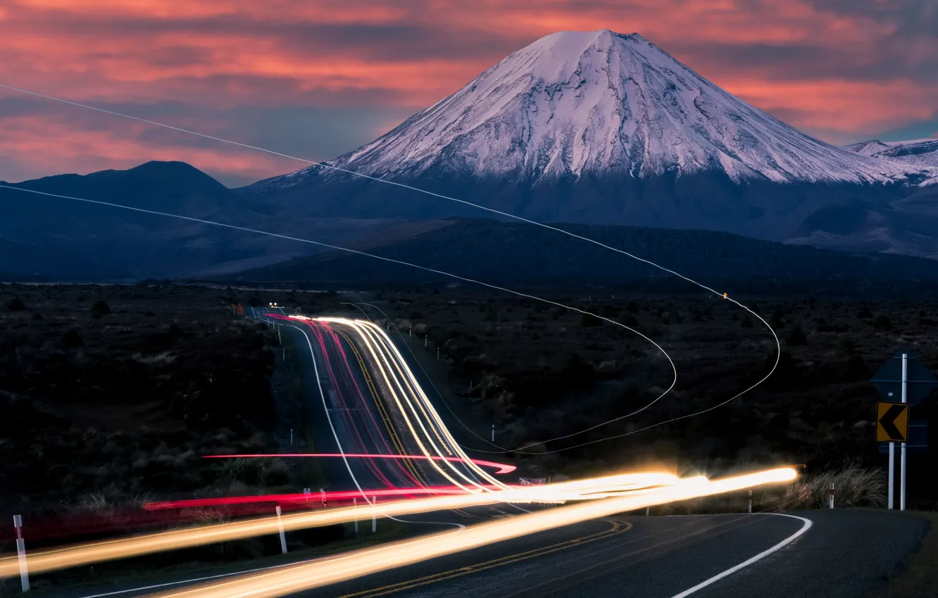 Photo wallpaper road, light, mountains, the evening, excerpt