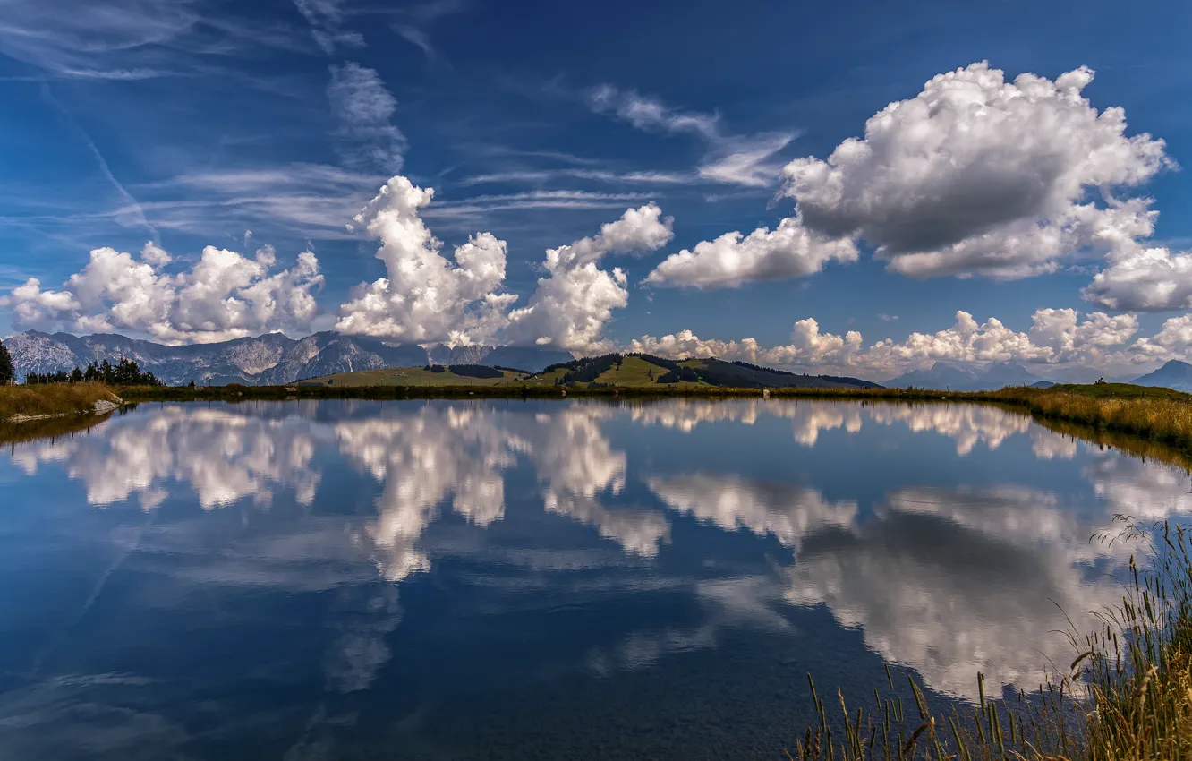 Photo wallpaper clouds, mountains, lake, reflection, Austria, Alps, Austria, Alps