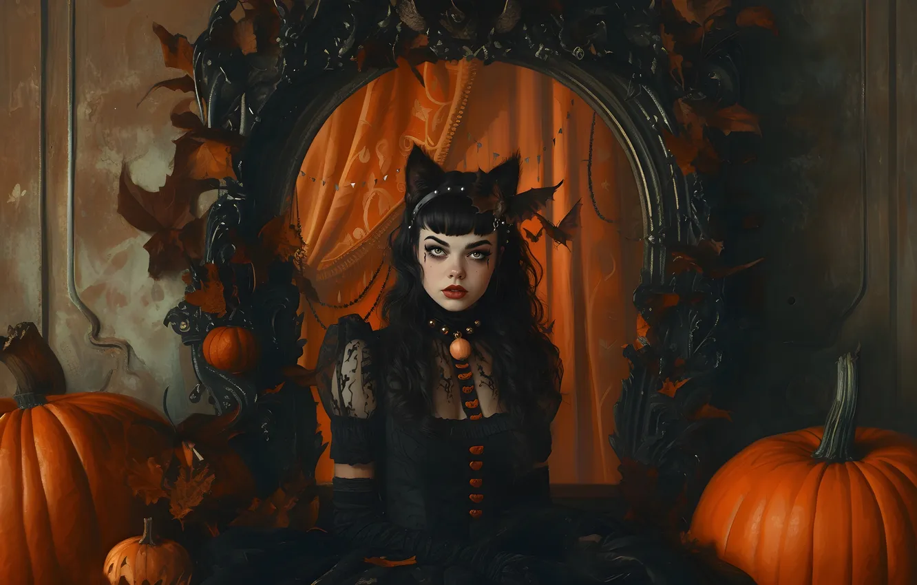 Photo wallpaper look, girl, portrait, mirror, pumpkin, Halloween, witch, bats