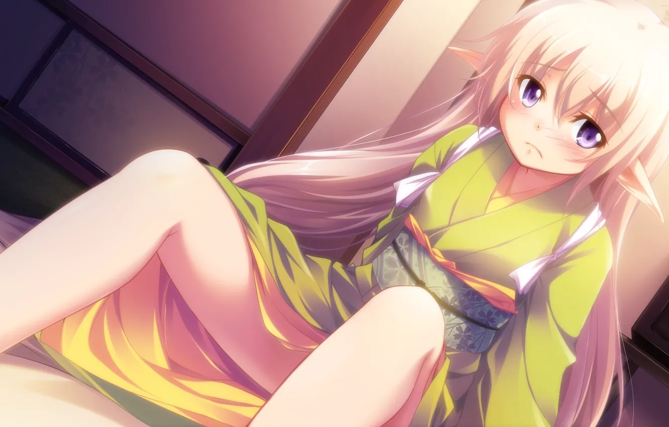 Photo wallpaper elf, tears, girl, blush, kimono, sitting, ears, long hair