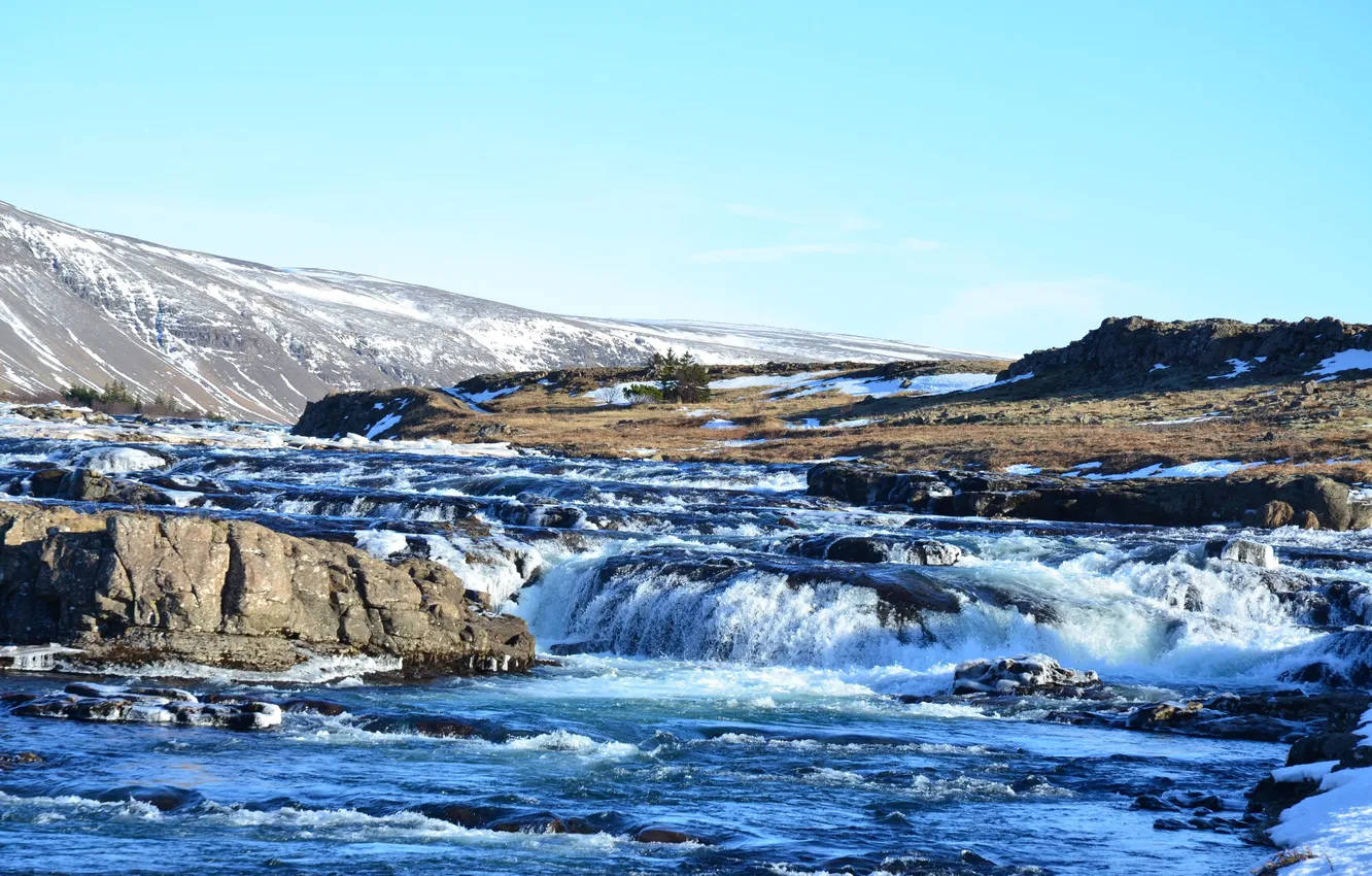 Photo wallpaper landscape, nature, water, winter, snow, waterfall, Iceland, Tundra