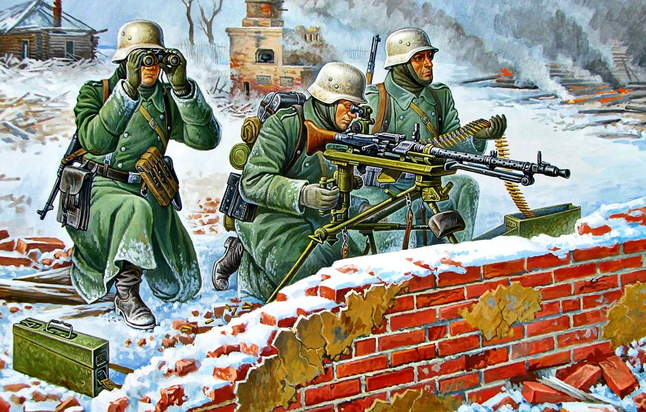 Photo wallpaper Winter, Soldiers, The second World war, The Wehrmacht, Calculation, MG-34, a single machine gun