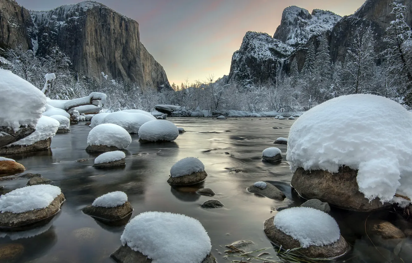 Photo wallpaper winter, mountains, river