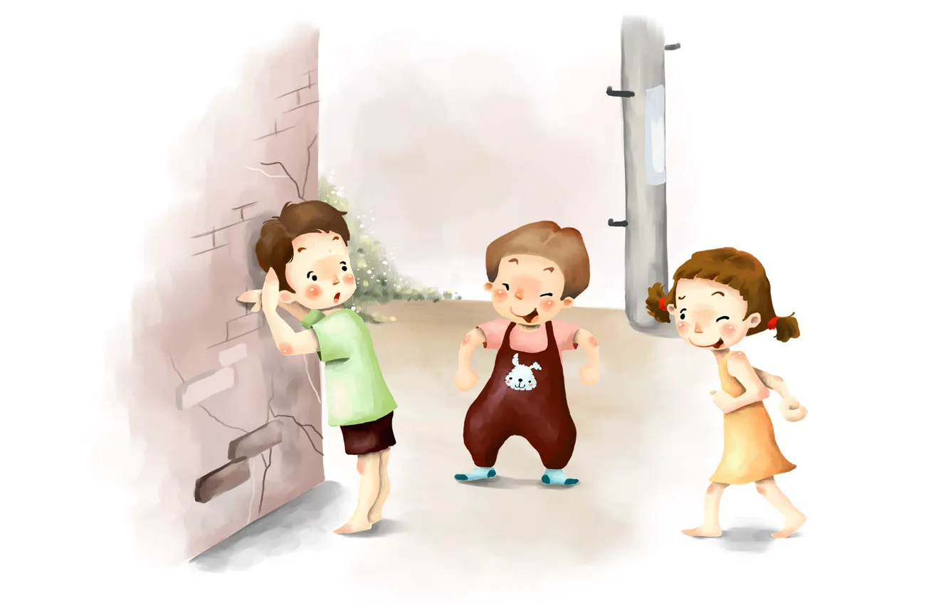 Photo wallpaper children, figure, laughter, hide and seek, braids, fun, pranks