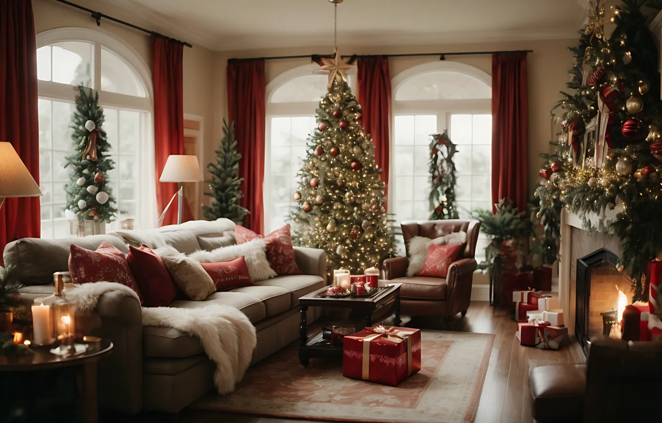 Photo wallpaper decoration, room, gift, balls, tree, new year, interior, Christmas