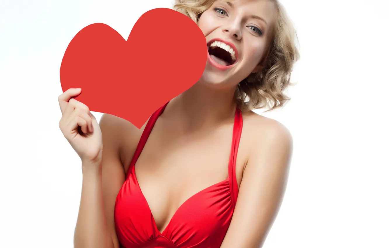 Photo wallpaper girl, red, holiday, heart, laughter, dress, neckline, heart