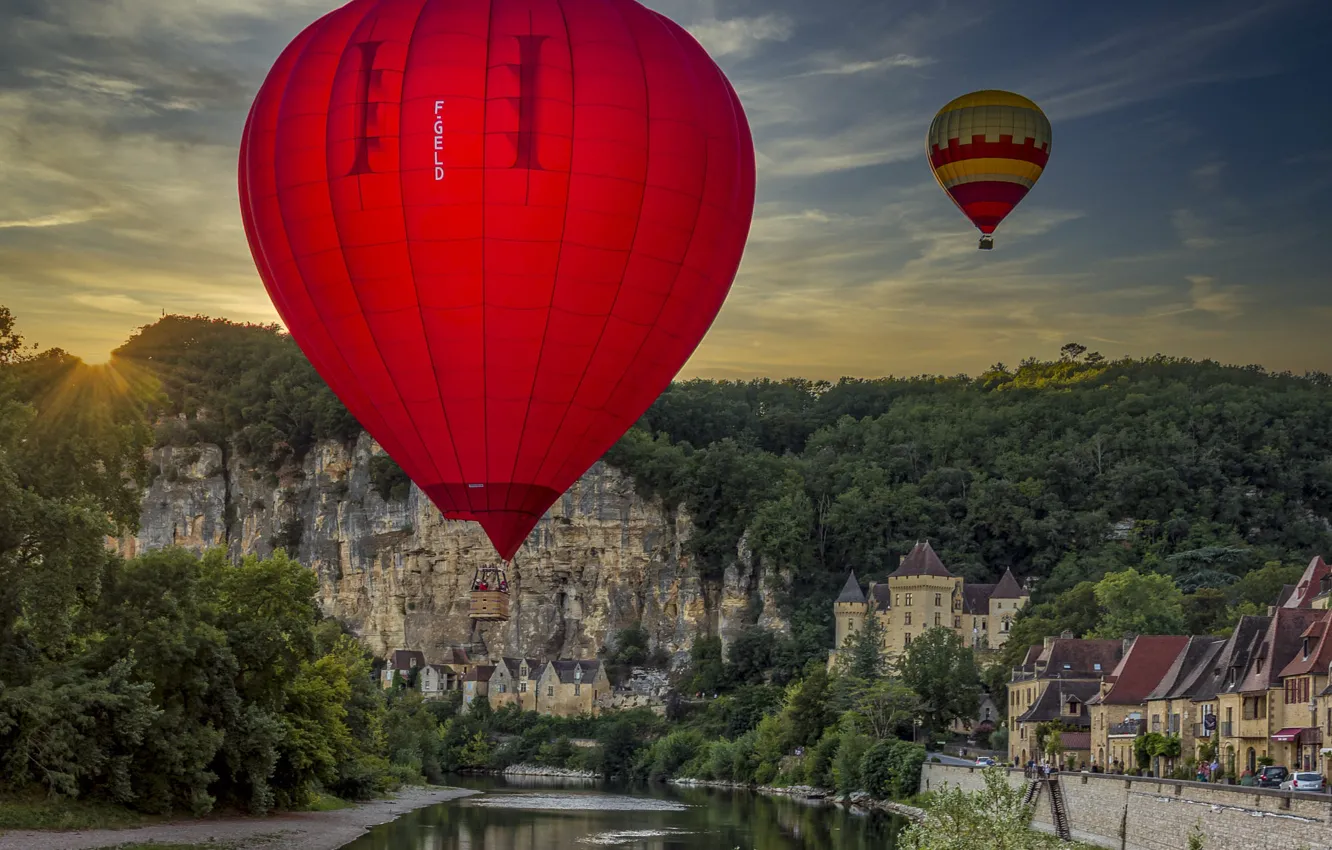 Photo wallpaper forest, landscape, mountains, river, balloons, France, home, Vallee-Dordogne