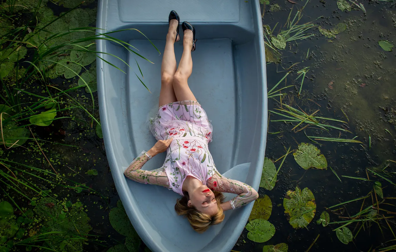 Photo wallpaper girl, nature, pose, boat, dress, pond, Victoria_Borodinova